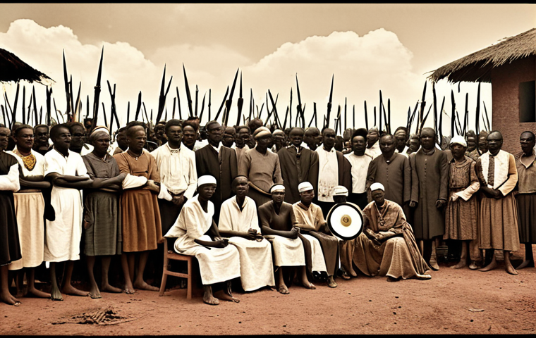 **Image Prompt:** A visual representation of colonial-era "divide and rule" tactics in Uganda, showcasing different religious groups being separated and manipulated by colonial powers. The image should evoke a sense of historical injustice and the roots of current tensions. Consider a sepia-toned effect to emphasize the historical context.